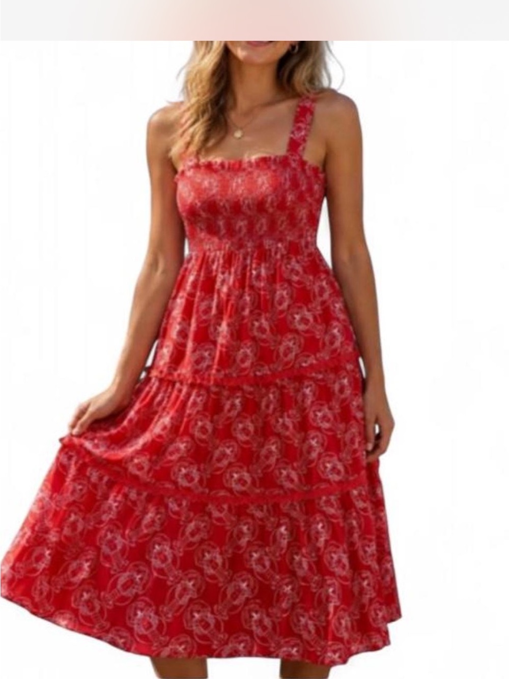 NWT Mira Red & White Lobster Smocked Ruffle Strap Tiered Maxi Dress Sz Large